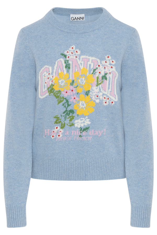 Graphic Wool Sweater Flowers - Blue Bonnet