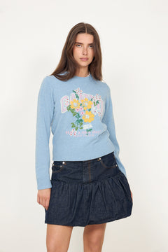 Graphic Wool Sweater Flowers - Blue Bonnet