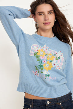 Graphic Wool Sweater Flowers - Blue Bonnet