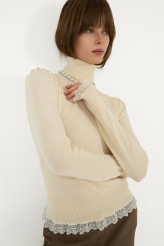 Merino Turtleneck W Lace Details - Egret