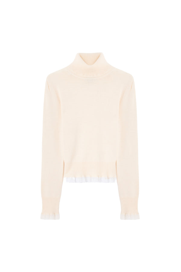 Merino Turtleneck W Lace Details - Egret