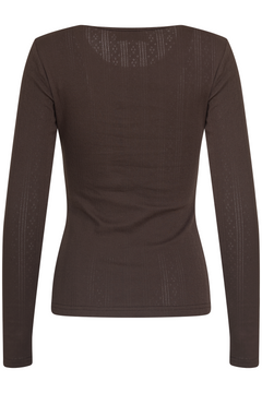 Perle Cotton Pointelle Ls Top - Dark Brown