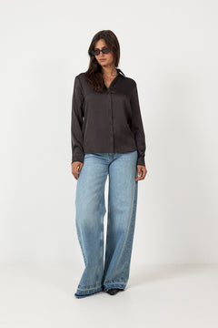 Hazelle Drapy Satin Shirt - Dark Brown