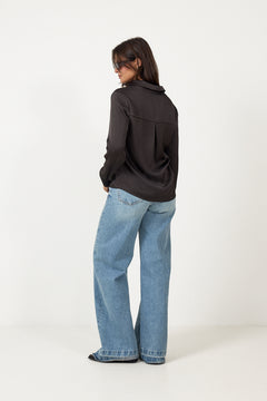 Hazelle Drapy Satin Shirt - Dark Brown