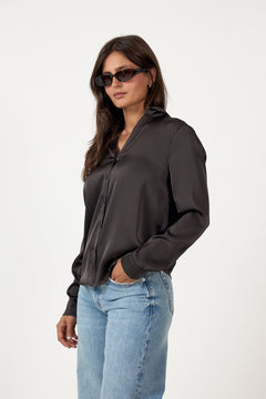 Hazelle Drapy Satin Shirt - Dark Brown