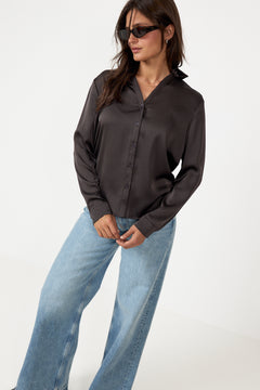 Hazelle Drapy Satin Shirt - Dark Brown