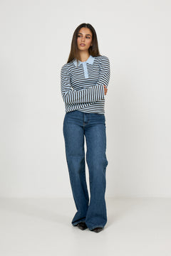 Fannya Ls Striped Knit Polo - Light Blue Stripe