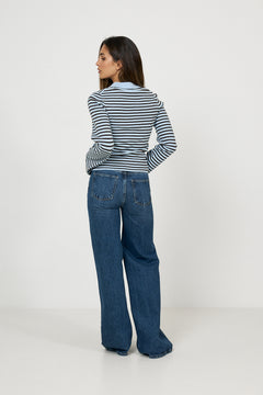 Fannya Ls Striped Knit Polo - Light Blue Stripe