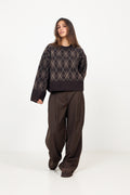Kick Check Knit Blouse - Dark Brown