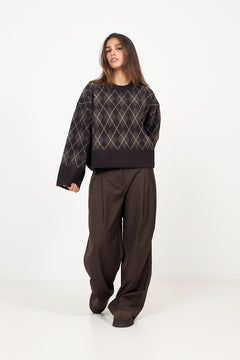 Kick Check Knit Blouse - Dark Brown
