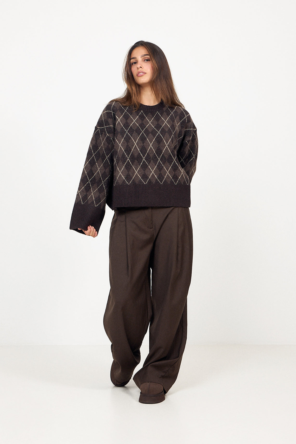 Kick Check Knit Blouse - Dark Brown