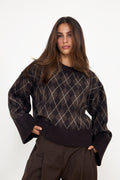 Kick Check Knit Blouse - Dark Brown