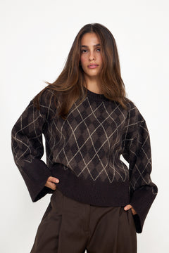 Kick Check Knit Blouse - Dark Brown
