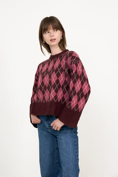 Kick Check Knit Blouse - Wine