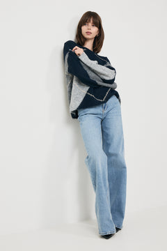 Inga Check Fluff Knit Blouse - Navy