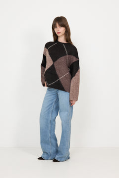 Inga Check Fluff Knit Blouse - Dark Brown