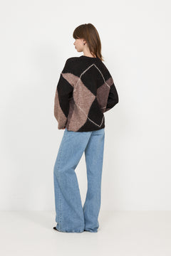 Inga Check Fluff Knit Blouse - Dark Brown