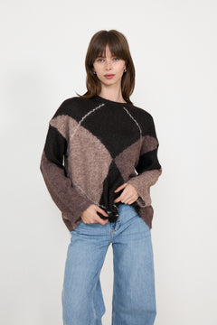 Inga Check Fluff Knit Blouse - Dark Brown