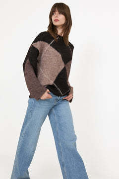 Inga Check Fluff Knit Blouse - Dark Brown