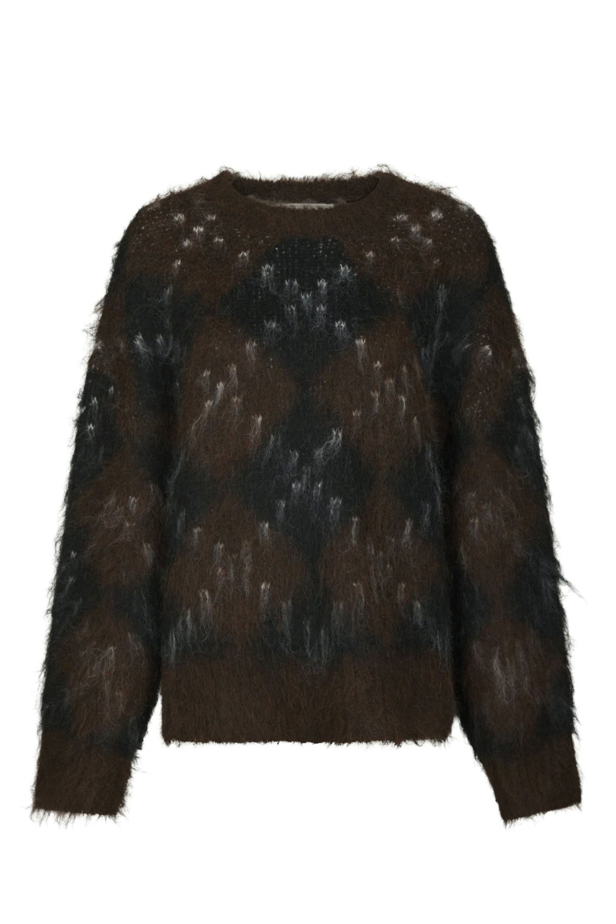 Roeme Check Fluffy Knit Blouse - Dark Brown