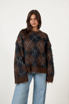 Roeme Check Fluffy Knit Blouse - Dark Brown