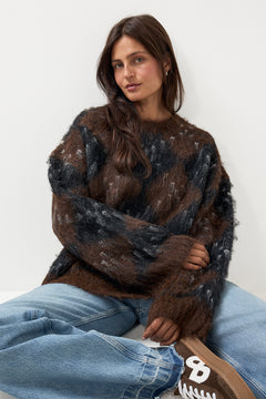 Roeme Check Fluffy Knit Blouse - Dark Brown