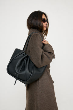 Large Ruched Tote In Soft Pebbled Calf - Black