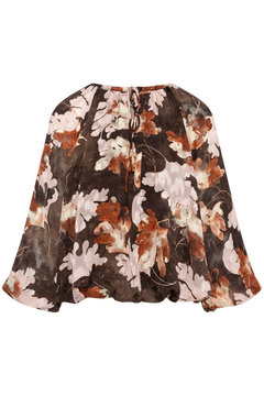 Masoniw Balloon Blouse - Brown W Pink Fall Leaves