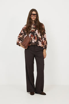 Masoniw Balloon Blouse - Brown W Pink Fall Leaves