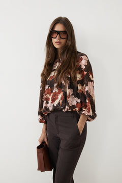Masoniw Balloon Blouse - Brown W Pink Fall Leaves