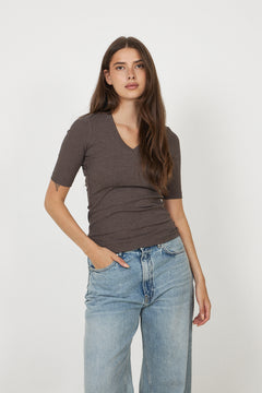 Dagnaiw Melange V T-Shirt - Chocolate Brown Melange