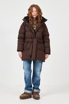 Sonja Down Belt Jacket - Dark Brown