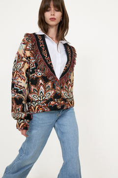Tapestry Knit Fringe Cardigan - Dream Cream