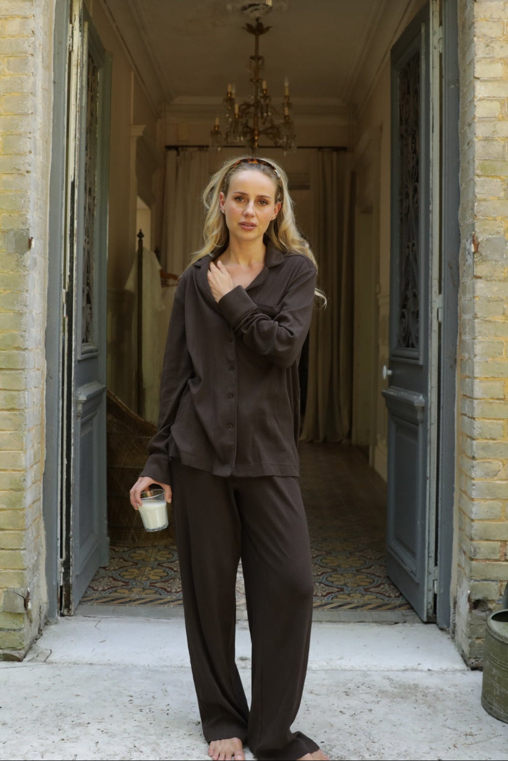 Mel Cotton Pointelle Pj Pants - Dark Brown