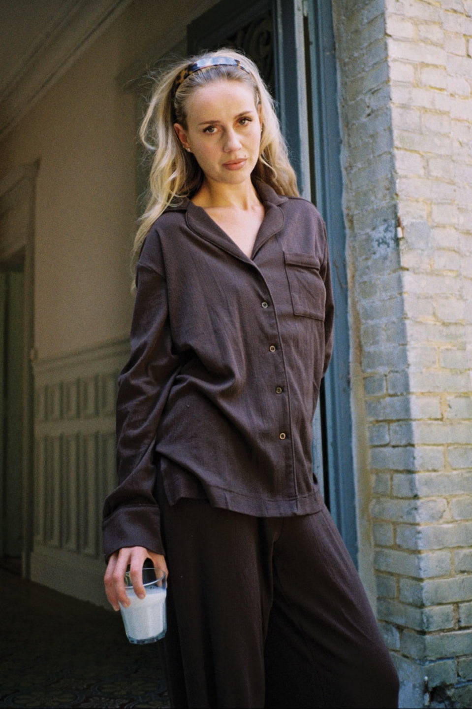 Meli Cotton Pointelle Pj Shirt - Dark Brown