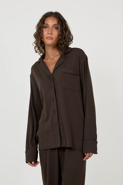 Meli Cotton Pointelle Pj Shirt - Dark Brown