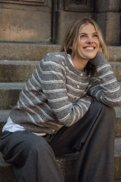 Mina Wool Stripe Cardigan - Grey