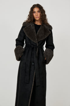 Terry Faux Shearling Maxi Coat - Black/Grey