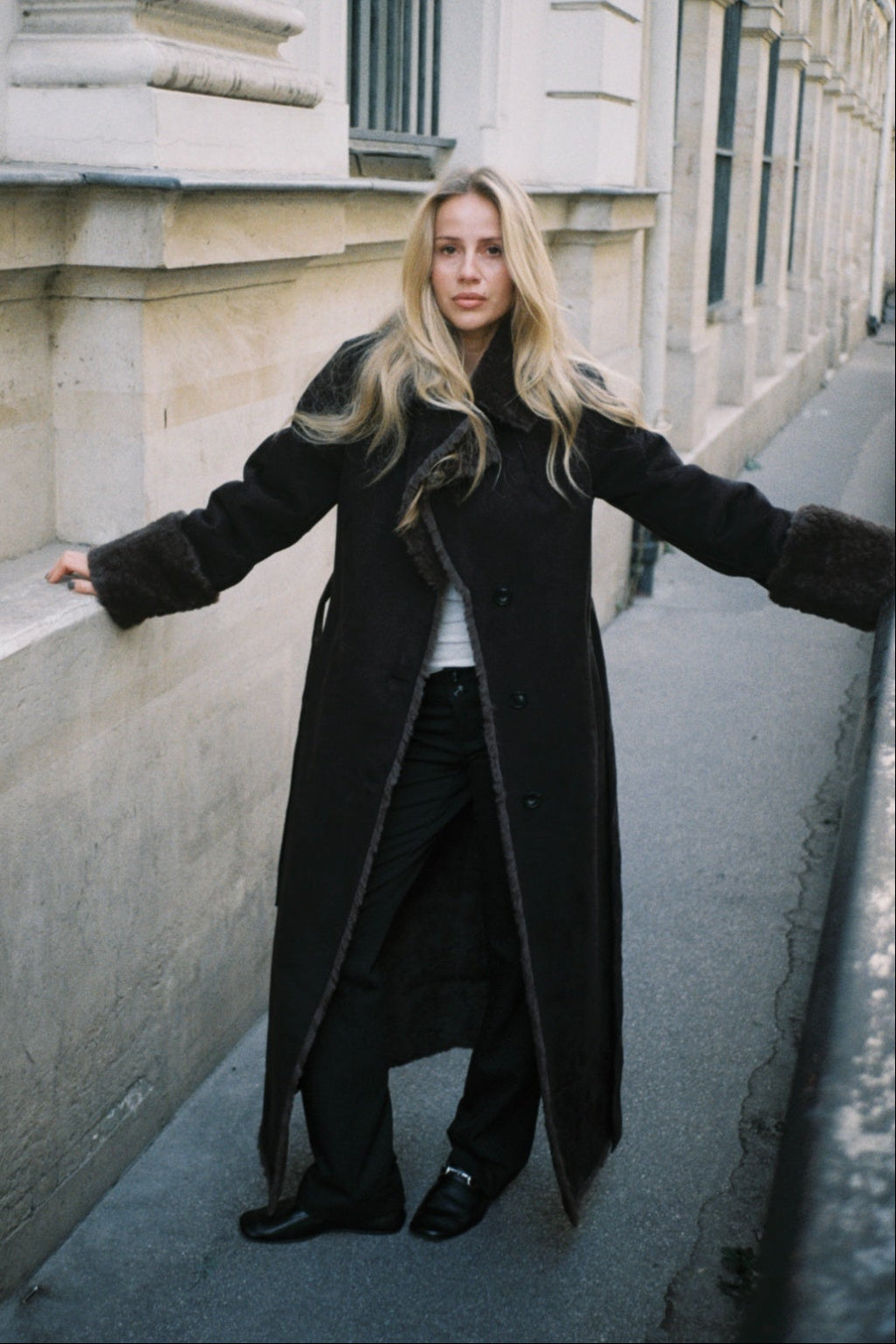 Terry Faux Shearling Maxi Coat - Black/Grey