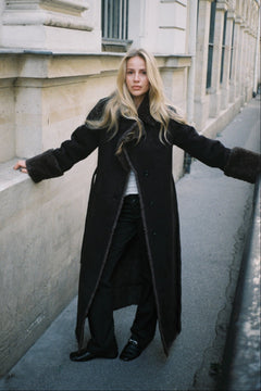 Terry Faux Shearling Maxi Coat - Black/Grey