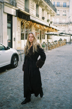 Terry Faux Shearling Maxi Coat - Black/Grey