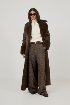 Terry Faux Shearling Maxi Coat - Brown/Khaki