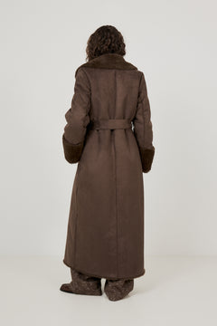 Terry Faux Shearling Maxi Coat - Brown/Khaki