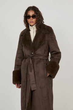 Terry Faux Shearling Maxi Coat - Brown/Khaki