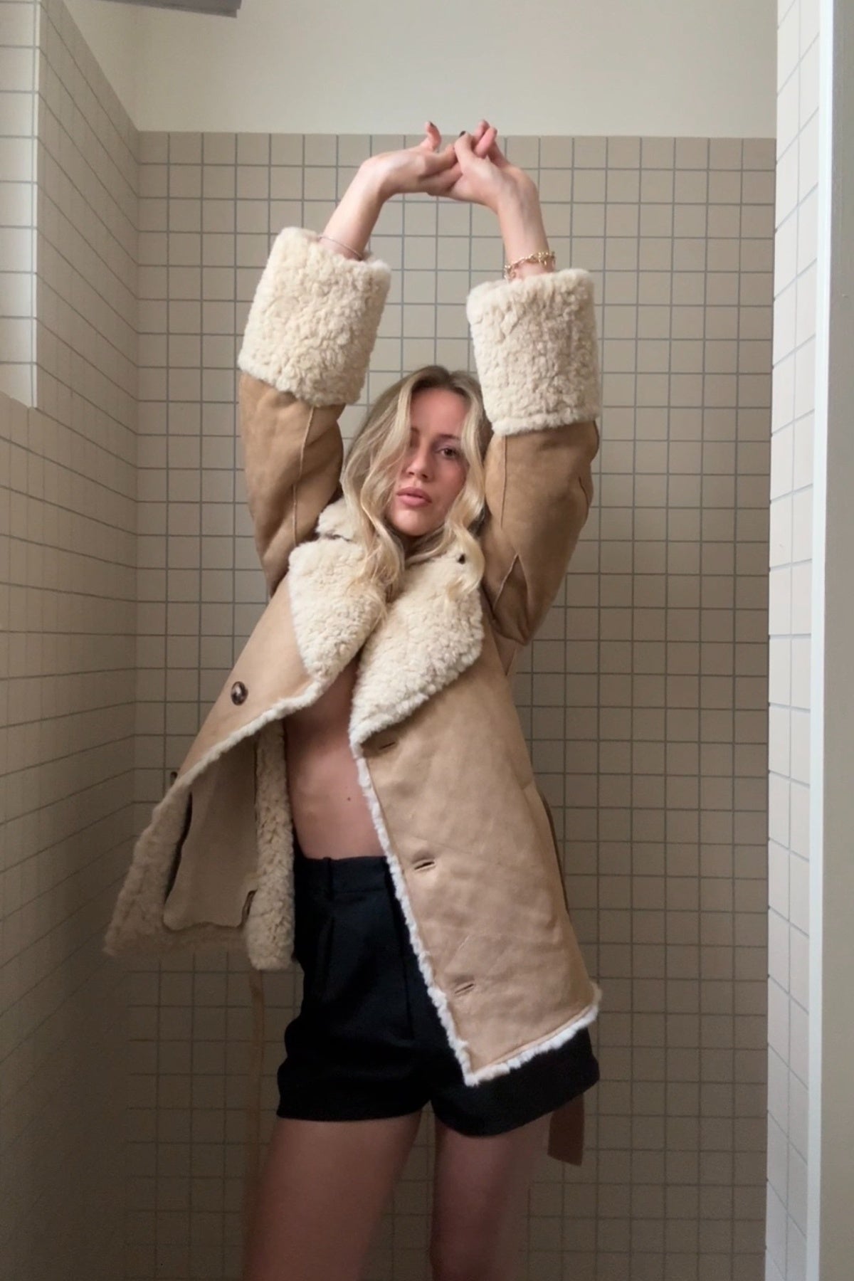 Terry Faux Shearling Short Coat - Sand/Ecru
