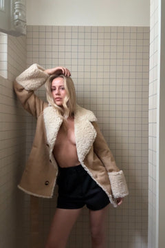 Terry Faux Shearling Short Coat - Sand/Ecru