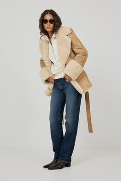 Terry Faux Shearling Short Coat - Sand/Ecru