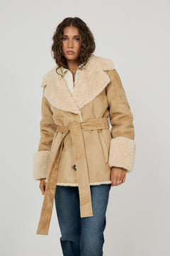 Terry Faux Shearling Short Coat - Sand/Ecru