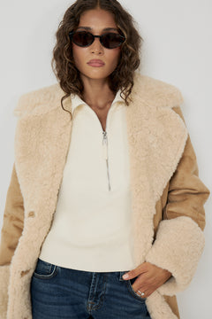 Terry Faux Shearling Short Coat - Sand/Ecru