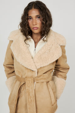 Terry Faux Shearling Short Coat - Sand/Ecru